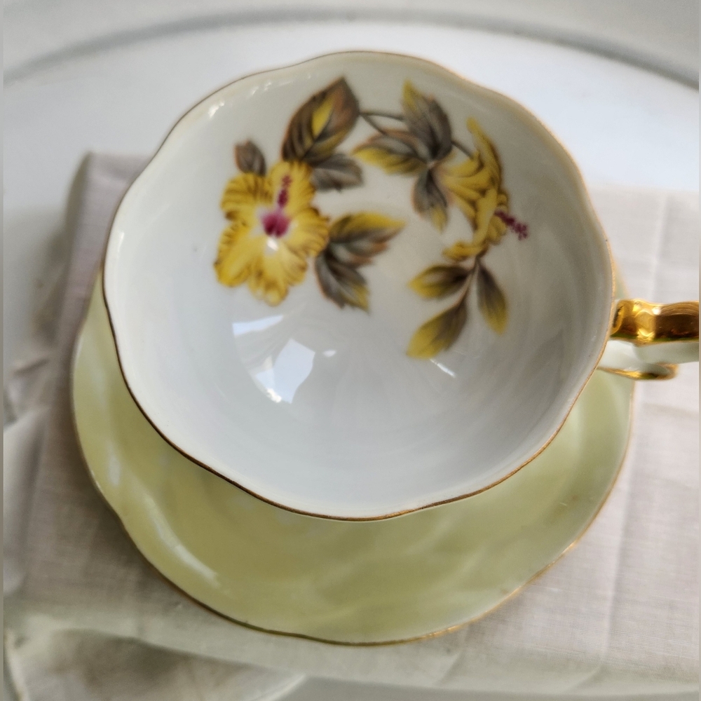 Teacup & Saucer, Footed, Vintage Japan 'Grant Crest' in Muted Pale Green.